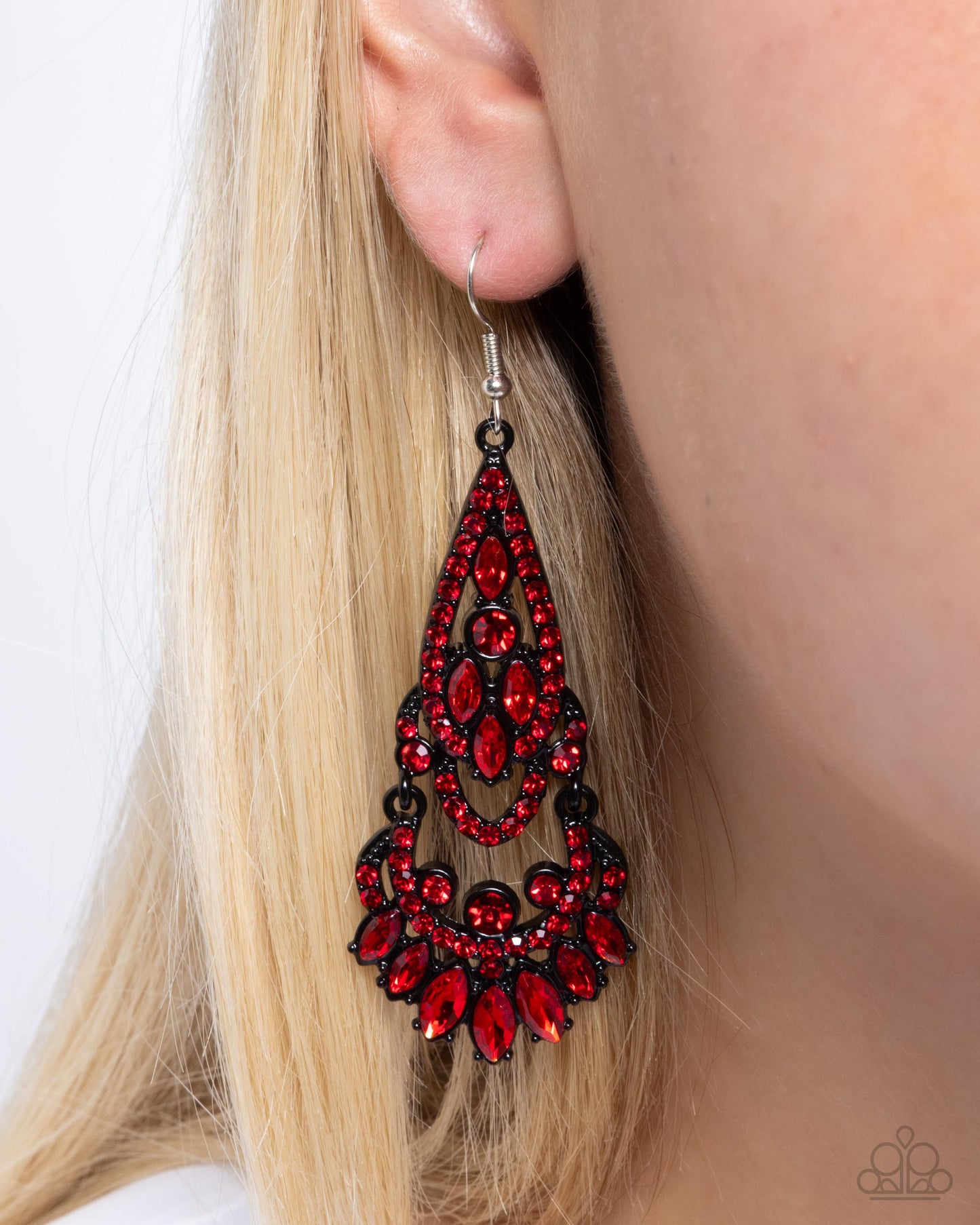 Opera Stage - Red Glassy Gem & Rhinestone Black Frame Fringe Chandelier Earring Paparazzi E2473