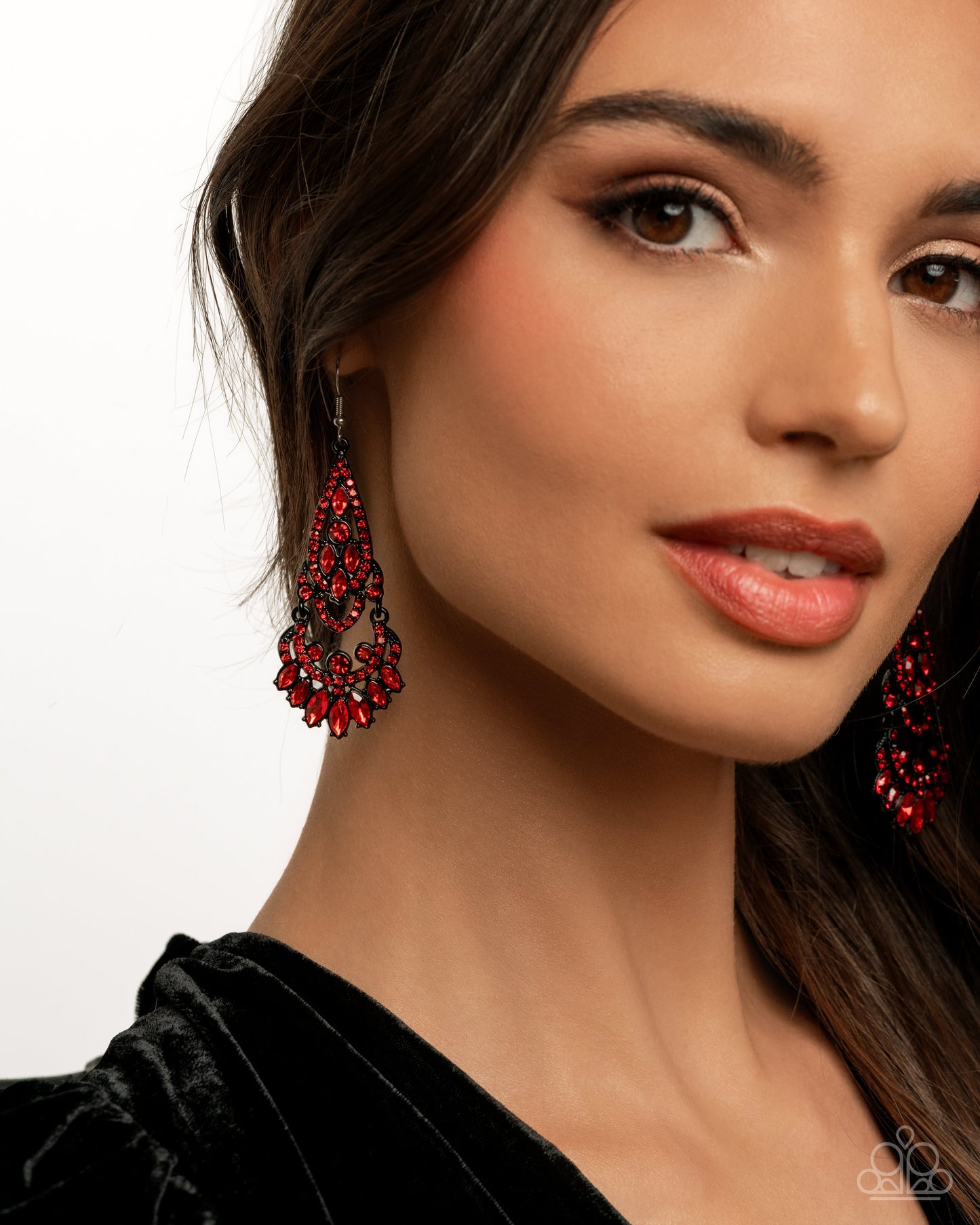 Opera Stage - Red Glassy Gem & Rhinestone Black Frame Fringe Chandelier Earring Paparazzi E2473