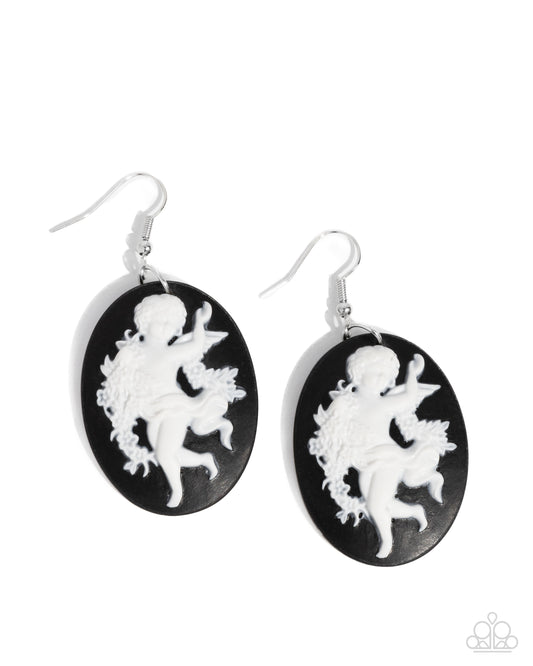 Vintage Verdict - White Cameo Cherub Black Painted Earring Paparazzi E2695