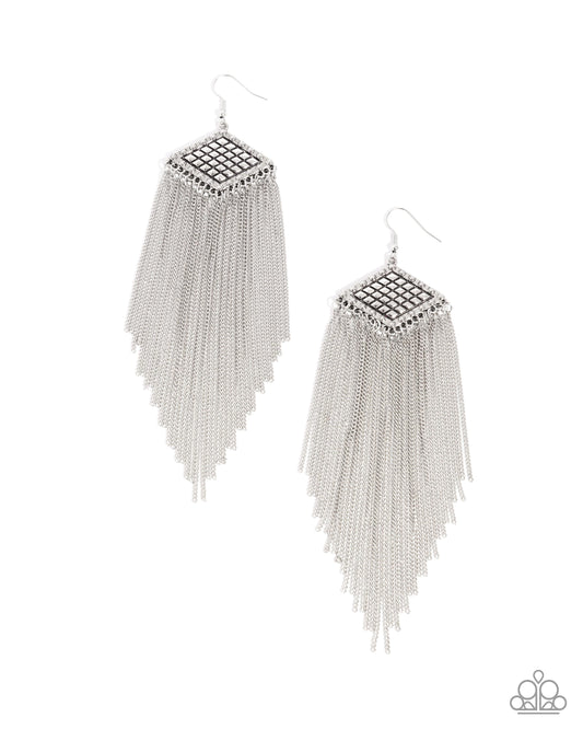 Forged Fringe - Silver Grid Design Chain Fringe Earring Paparazzi E2881