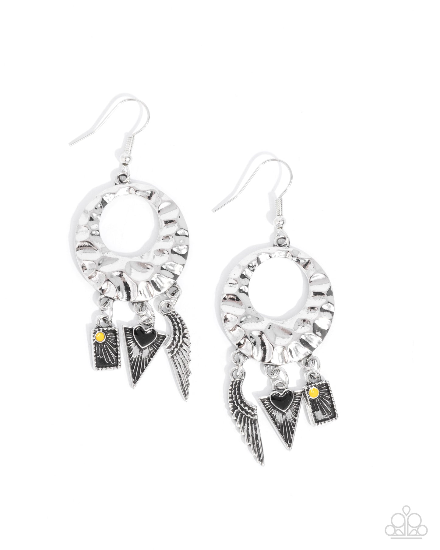 Alternative Angel - Black Heart, Angle Wing Hammered Silver Earring Paparazzi E2476
