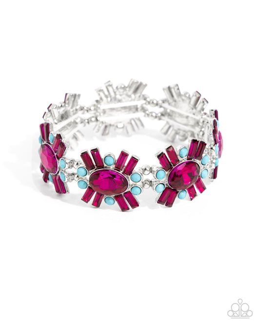 Bewildering Bling - Pink Fuchsia Rhinestone & Light Blue Accent Stretch Bracelet Paparazzi B1864