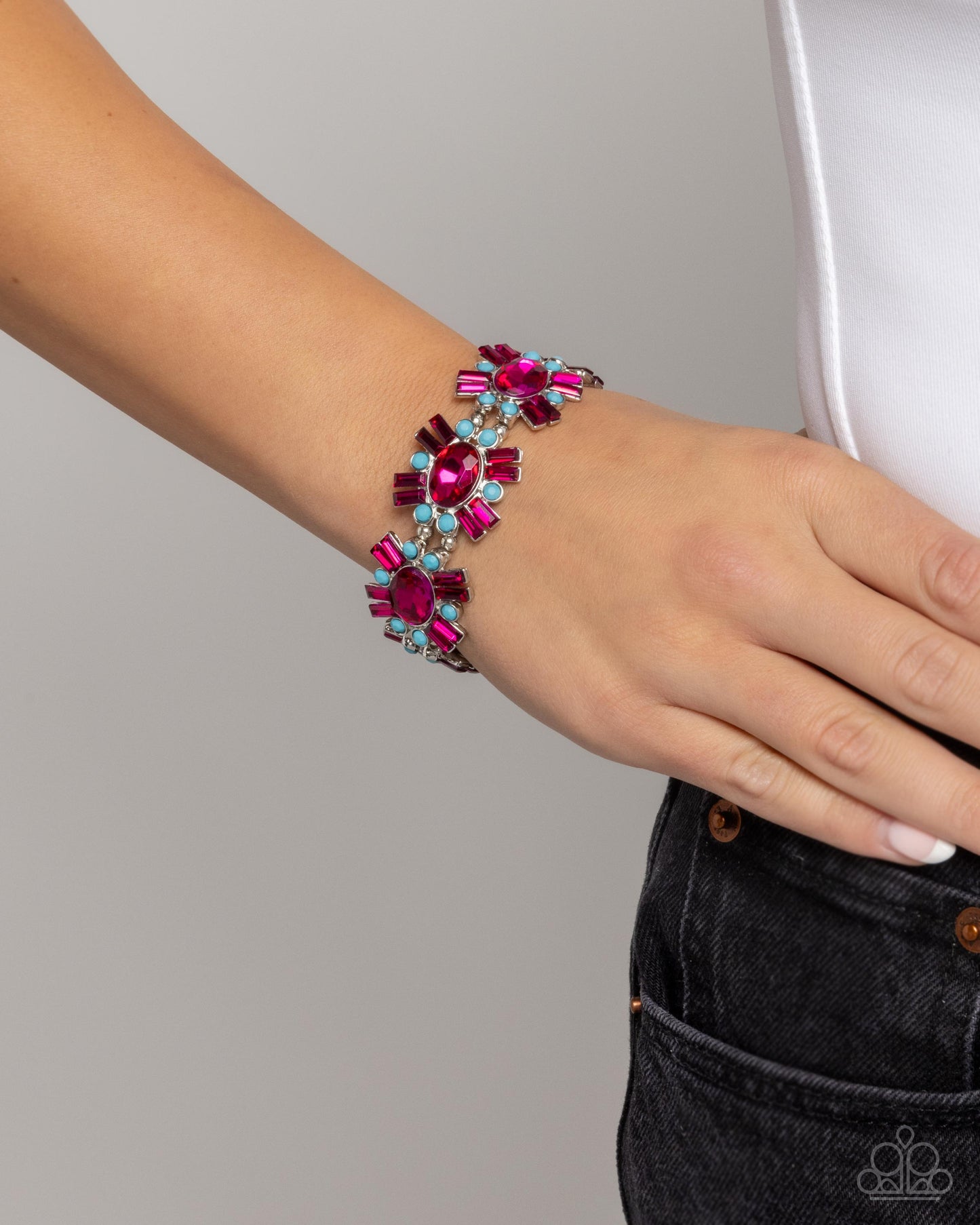 Bewildering Bling - Pink Fuchsia Rhinestone & Light Blue Accent Stretch Bracelet Paparazzi B1864