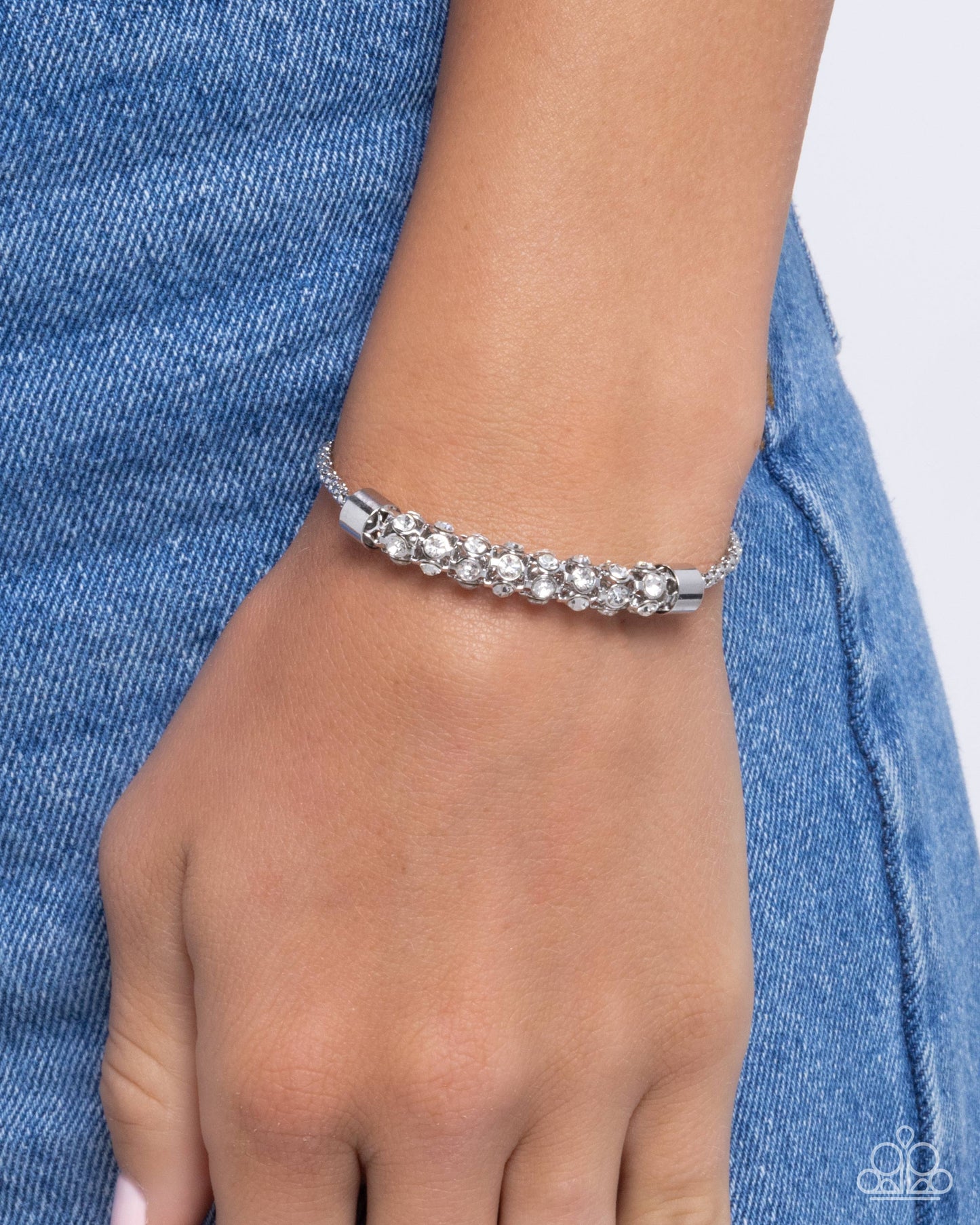 Serious Sentiment - White Rhinestone Silver Box Chain Bracelet Paparazzi B1844