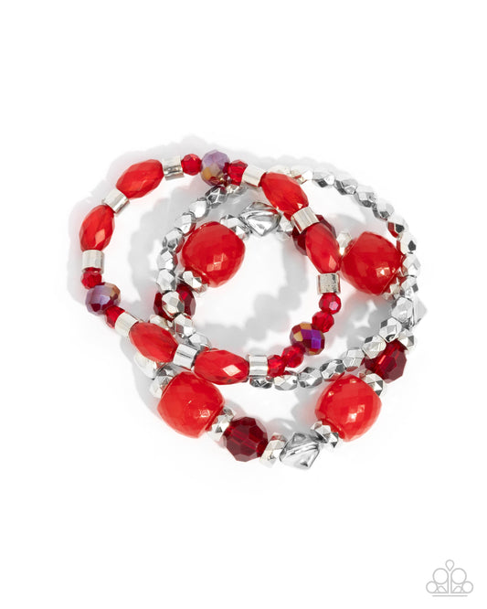 Defaced Dare - Red, UV Shimmery Red, Transparent Scarlet Smile Bead, Stretch Set of 3 Bracelets Paparazzi B1485