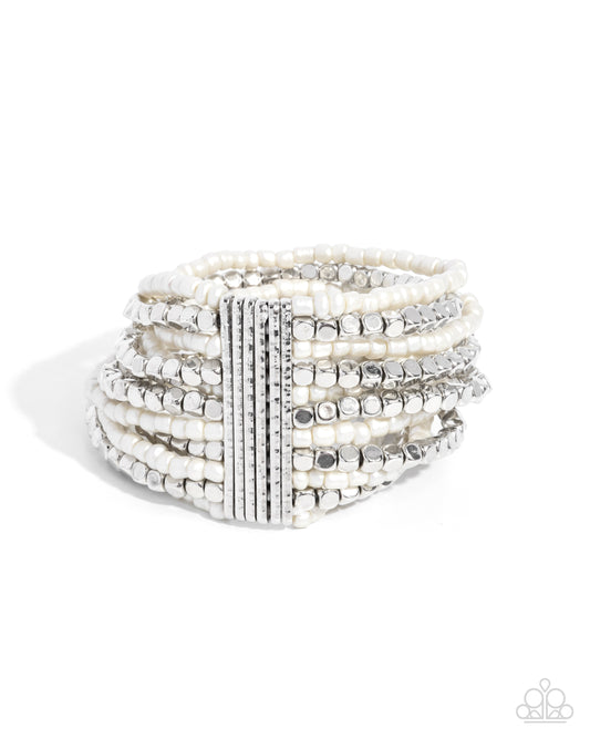 Spirited Stack - White Matte Seed Bead & Silver Cubed Stretch Bracelet Paparazzi B2019