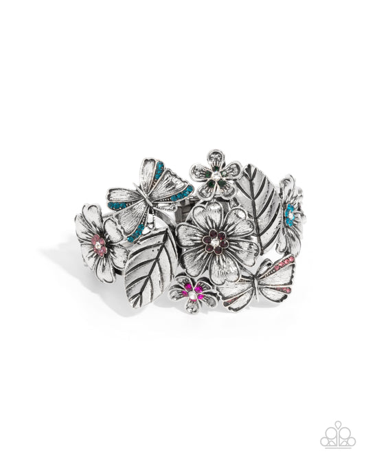 Harmonious Heiress - Multi Colored Blue, Pink Rhinestone Floral & Butterfly Hinge Bracelet Paparazzi B1911