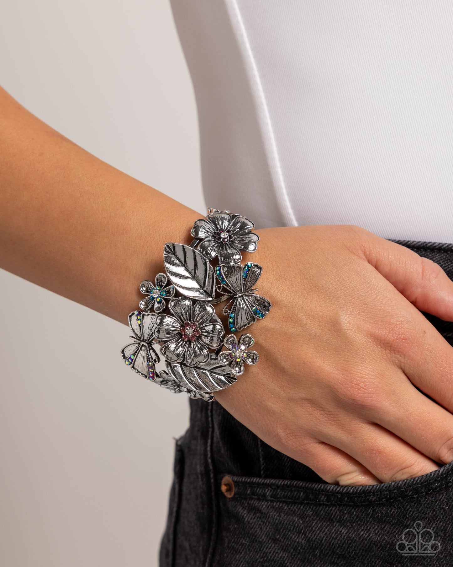 Harmonious Heiress - Purple Rhinestone Flower & Butterfly Hinge Bracelet Paparazzi B1967