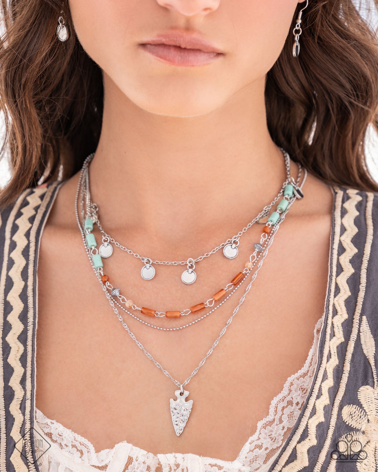 Assertive Admiral - Blue Turquoise Stone & Tomato Cream Bead Layered Hammered Arrow Necklace Simply Santa Fe October 2024 Paparazzi N3326