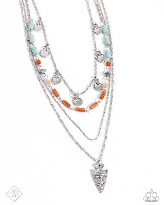 Assertive Admiral - Blue Turquoise Stone & Tomato Cream Bead Layered Hammered Arrow Necklace Simply Santa Fe October 2024 Paparazzi N3326