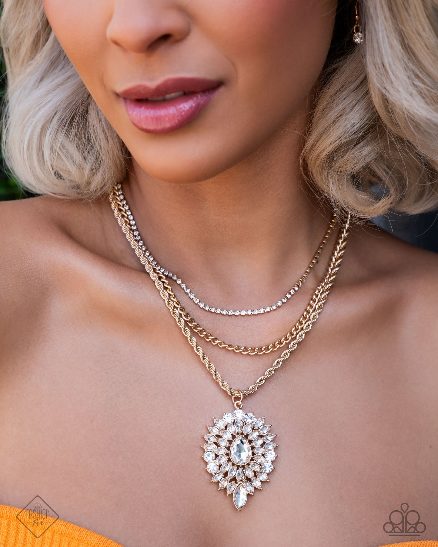 Adorably Administrative - Gold & White Rhinestone Gem Necklace October 2024 Fiercely 5th Avenue Fashion Fix Paparazzi N2765
