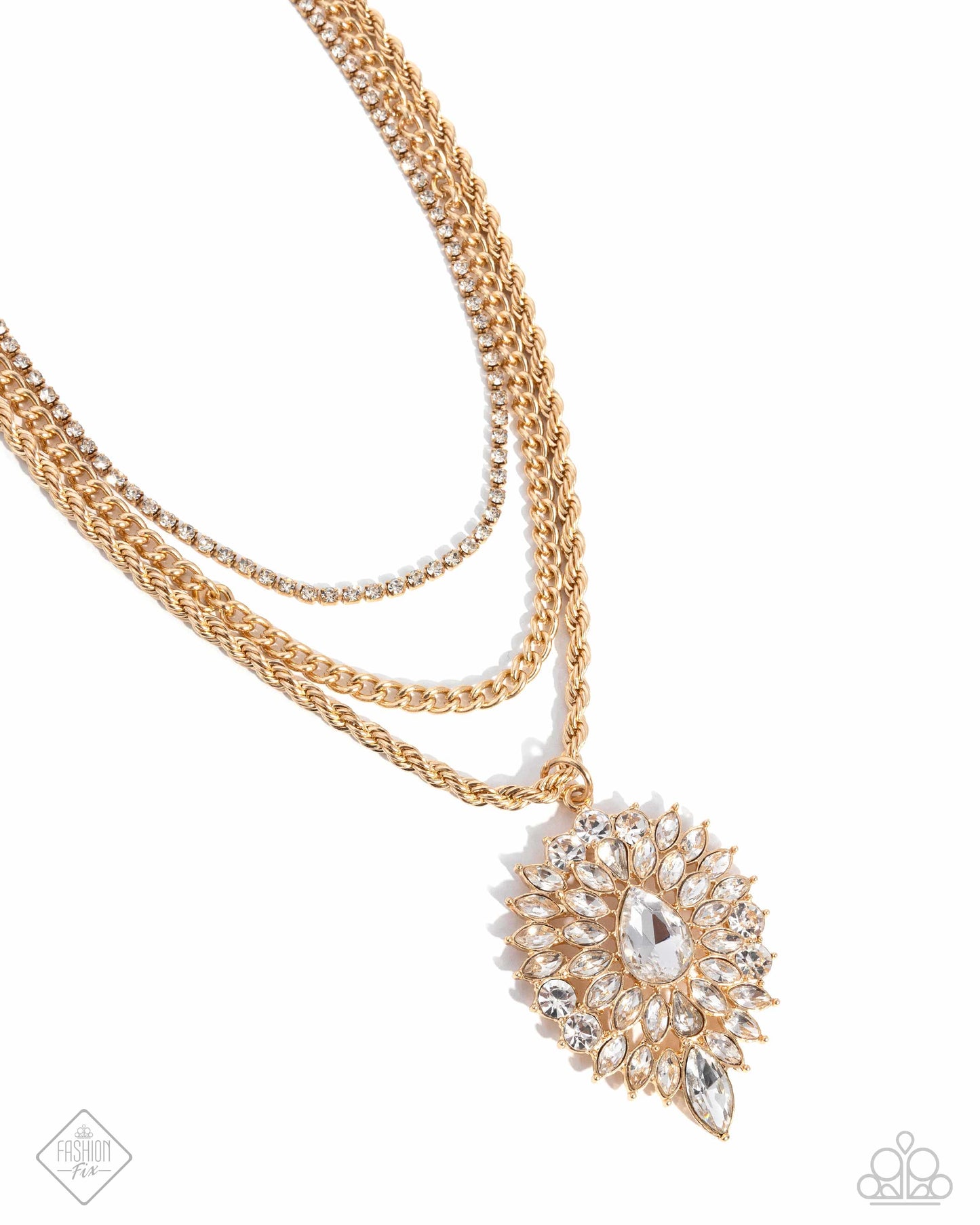 Adorably Administrative - Gold & White Rhinestone Gem Necklace October 2024 Fiercely 5th Avenue Fashion Fix Paparazzi N2765