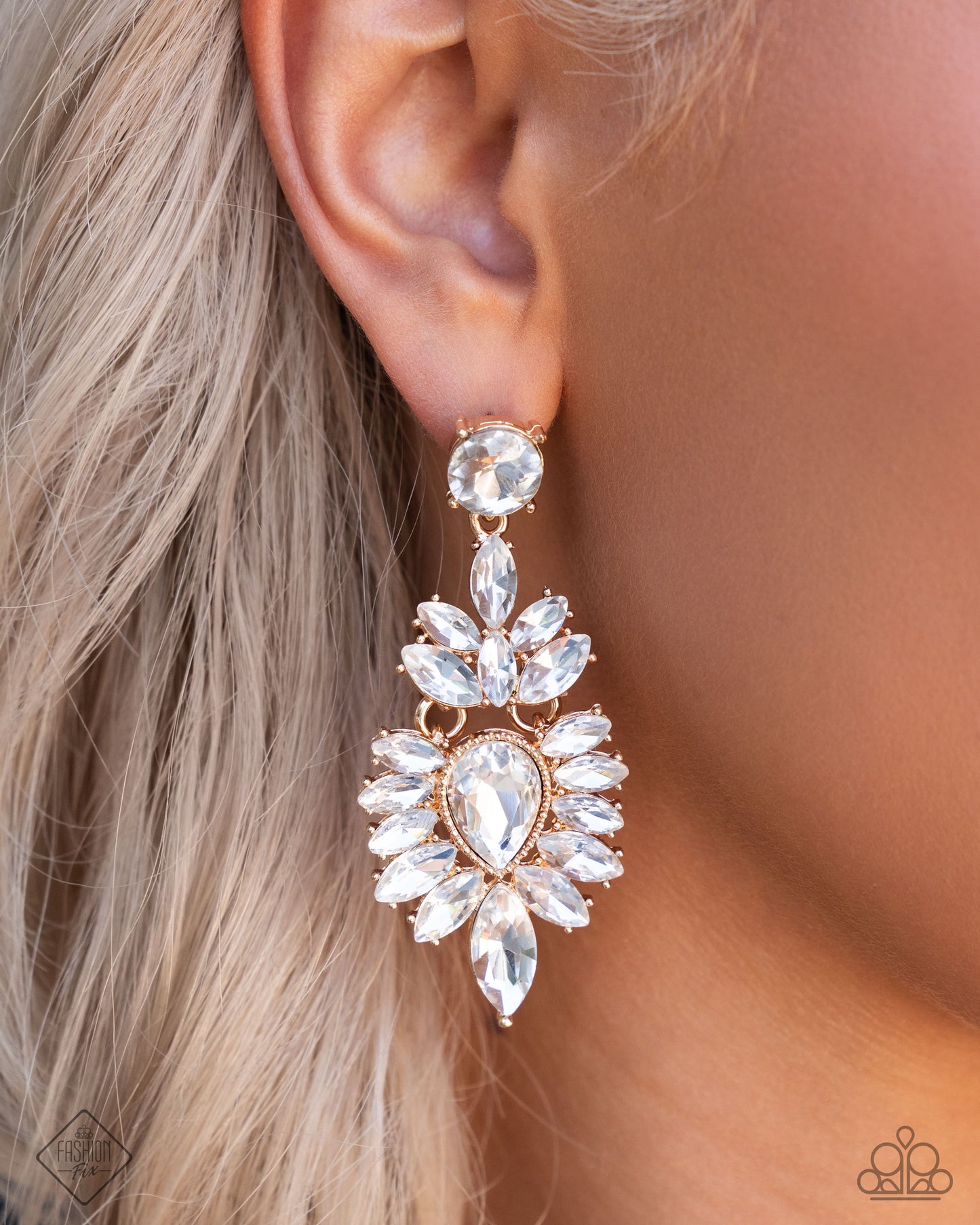 Darling Direction - Gold & White Gem Earring October 2024 Fiercely 5th Avenue Fashion Fix Paparazzi E2365
