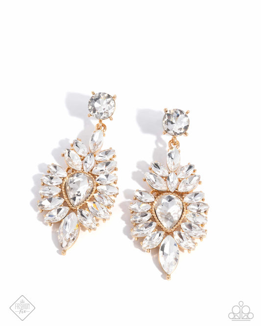 Darling Direction - Gold & White Gem Earring October 2024 Fiercely 5th Avenue Fashion Fix Paparazzi E2365