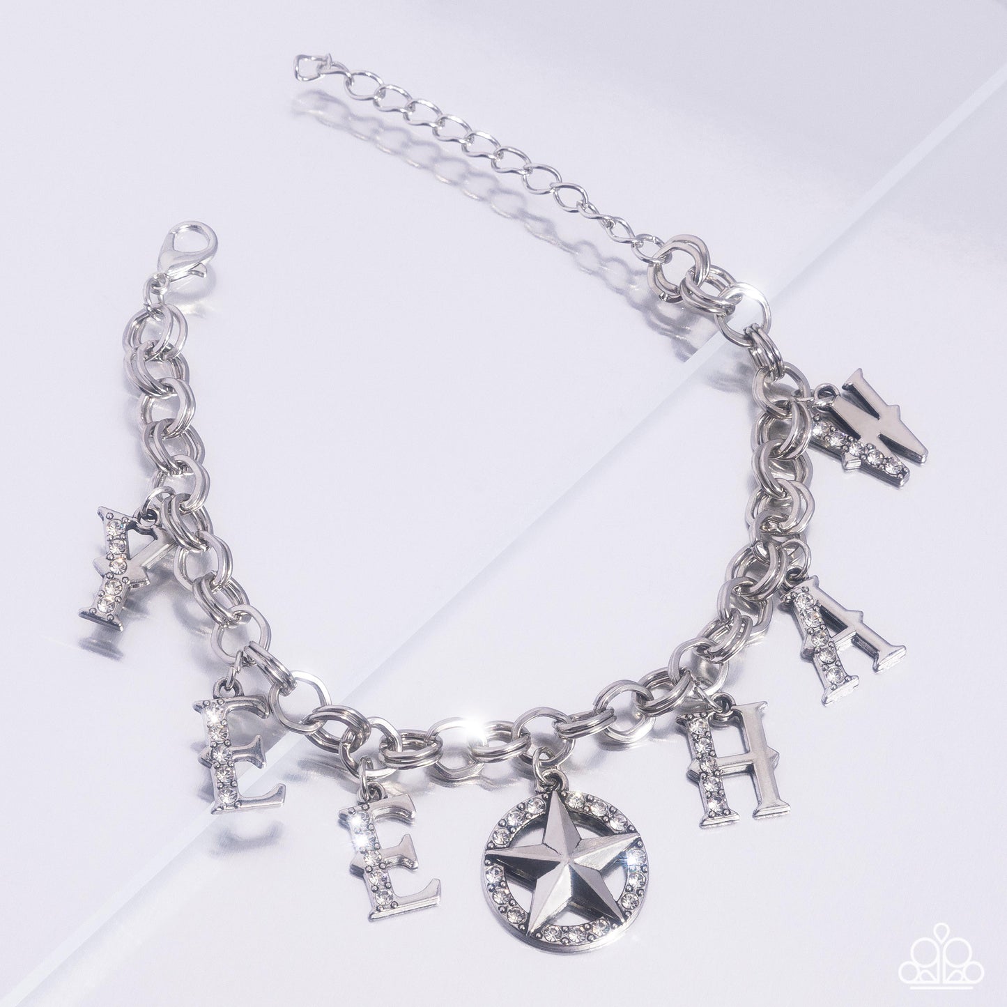 Yeehaw Yell - White Rhinestone & Silver "Yee Haw" Santa Fe Style Bracelet Life Of The Party November 2024 Paparazzi B1969