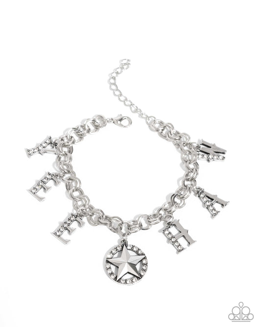 Yeehaw Yell - White Rhinestone & Silver "Yee Haw" Santa Fe Style Bracelet Life Of The Party November 2024 Paparazzi B1969