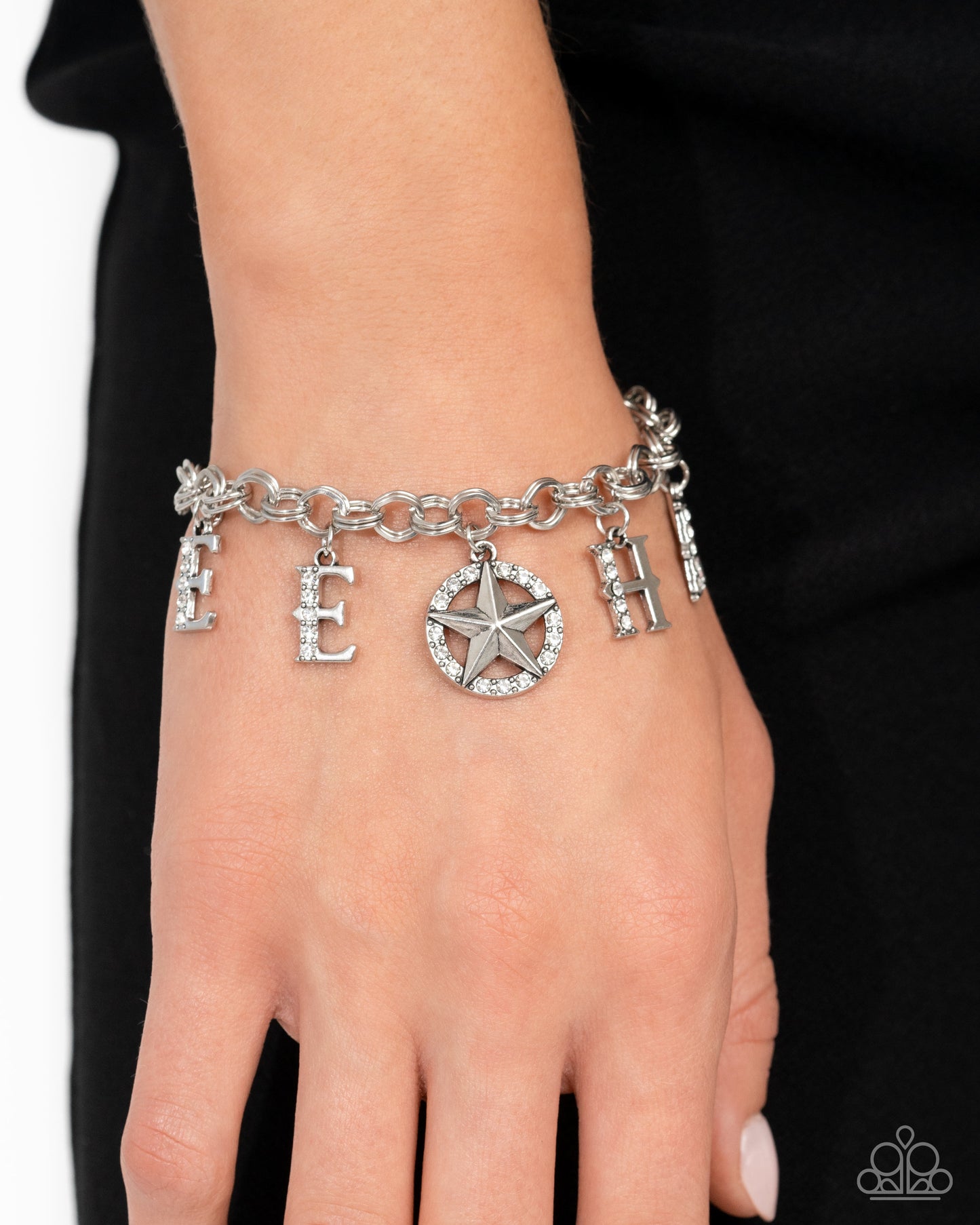 Yeehaw Yell - White Rhinestone & Silver "Yee Haw" Santa Fe Style Bracelet Life Of The Party November 2024 Paparazzi B1969