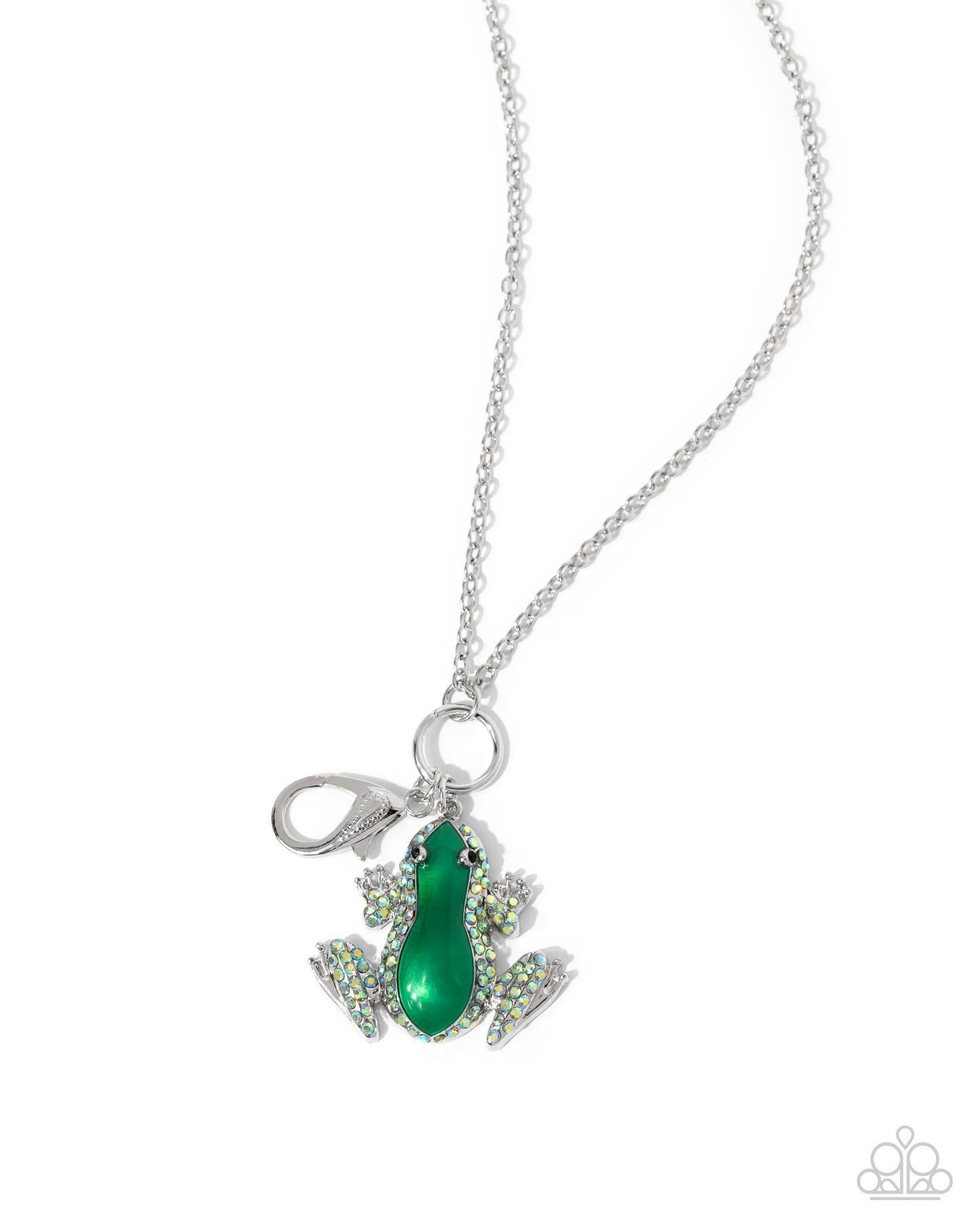 Tree Frog - Green Glossy Painted & Shimmering Green Rhinestone Frog Pendant Lanyard Necklace Paparazzi N2952