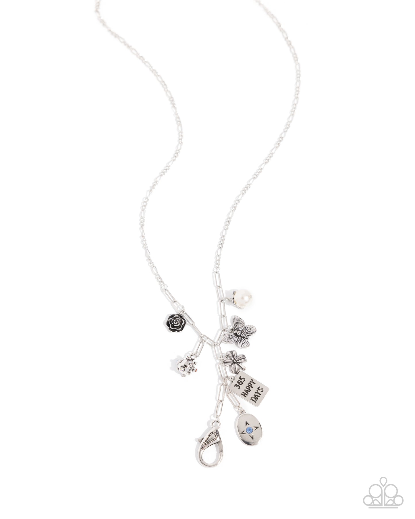 Luxurious Lifestyle - Multi Silver Charm Clover, Butterfly, Rose, "365 Happy Days" Inspirational Lanyard Necklace Paparazzi