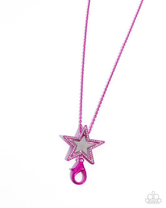 Stellar Search - Pink - Electric Pink Metal White Rhinestone Star Lanyard Necklace Paparazzi N2527