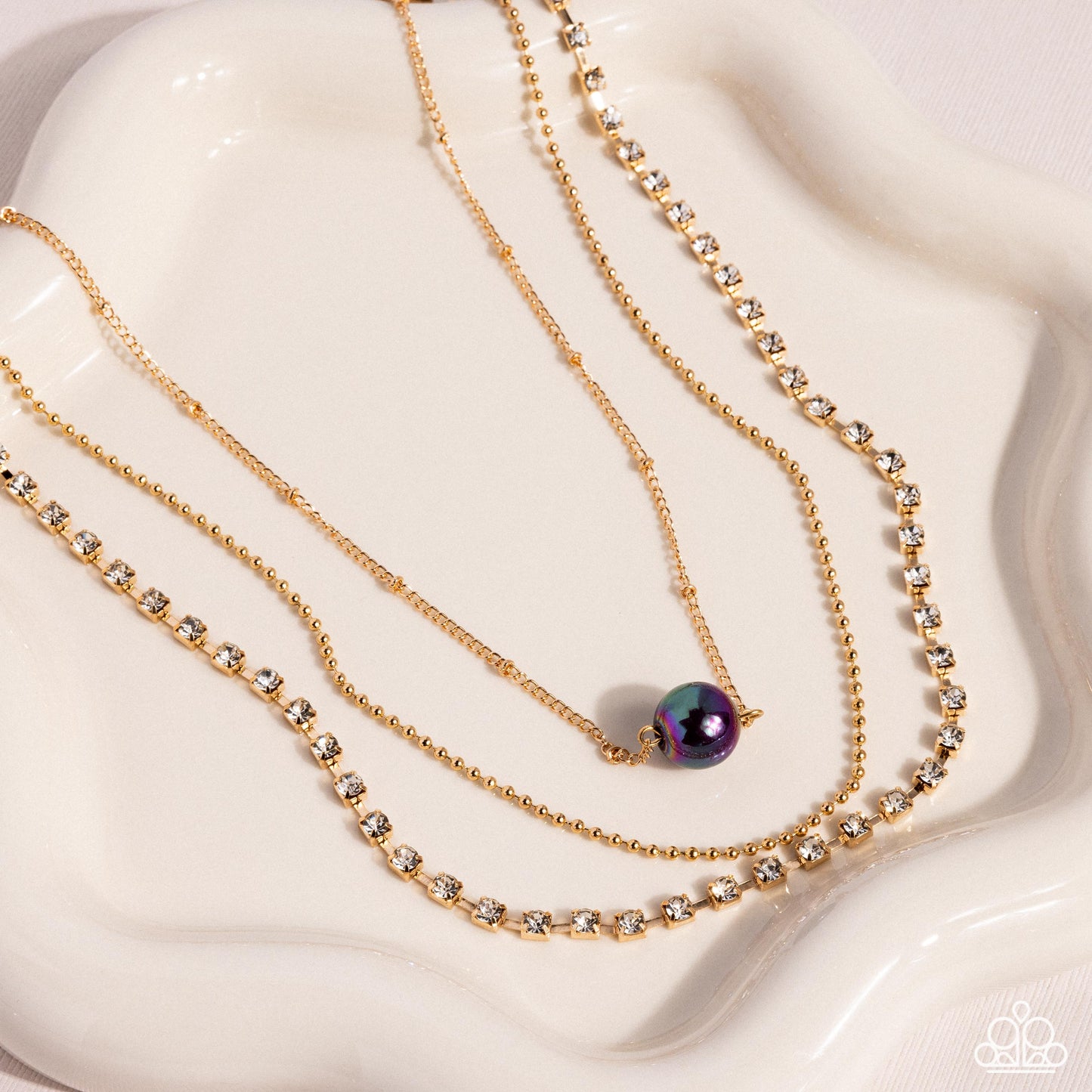 Symmetrical Shimmer - Purple Plum Oil Spill Bead & Gold Layered Necklace Paparazzi N2796