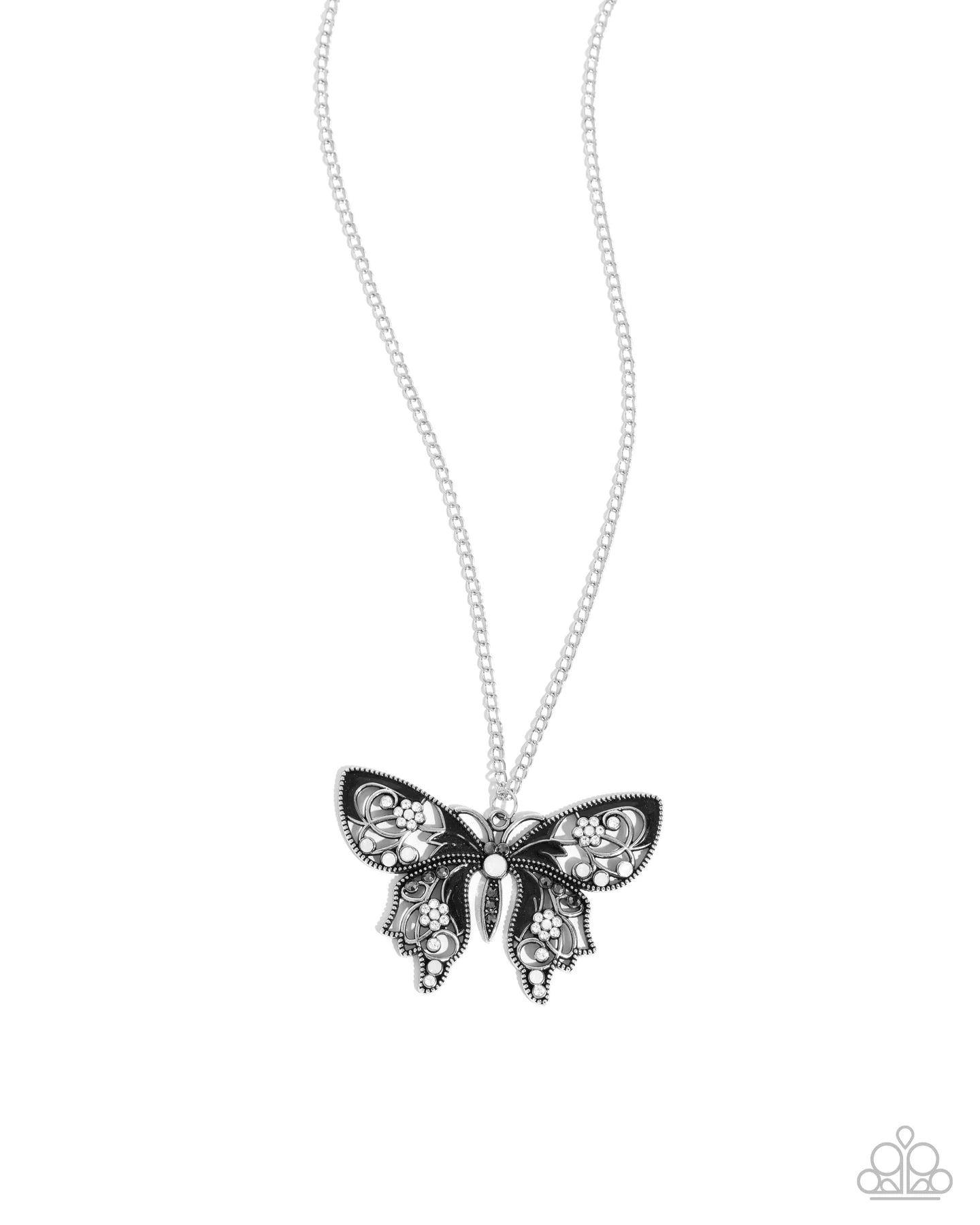 Whimsical Weekday Black, White, Hematite, & Opalescent Rhinestone Butterfly Necklace Paparazzi N2612