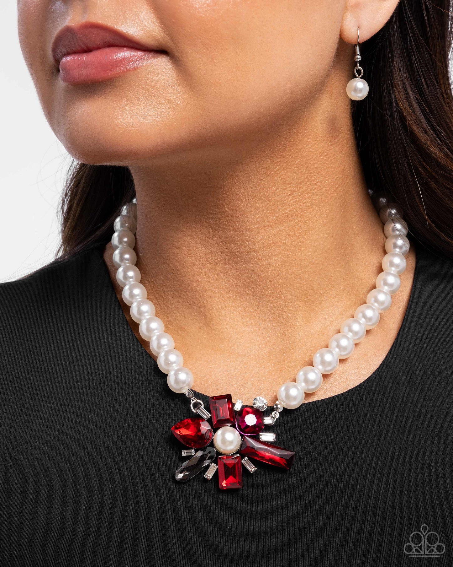 Prismatic Potential - Red & Silver Gem White Pearl Necklace Paparazzi N3370
