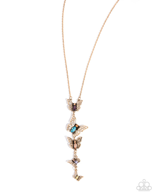 Aerial Addition - Multicolored Rhinestone & Gem Antiqued Gold Butterfly Necklace Paparazzi N3093