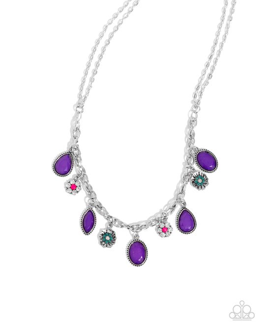 Fancy Finish - Purple Teardrop, Silver, & Pink Peacock White Rhinestone Flower Necklace Paparazzi N3469