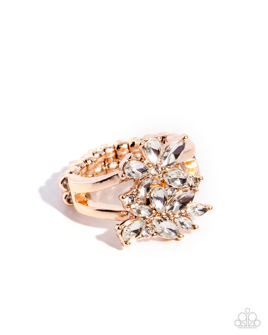 Roundabout Refinement - Rose Gold & White Gem Floral Ring Paparazzi R0955