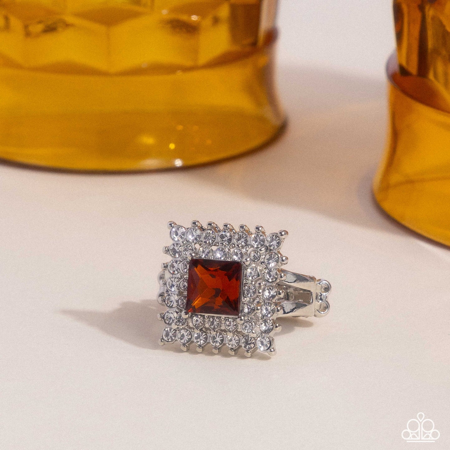 Sovereign Square - Brown Tea Gem White Rhinestone Ring Paparazzi R0912
