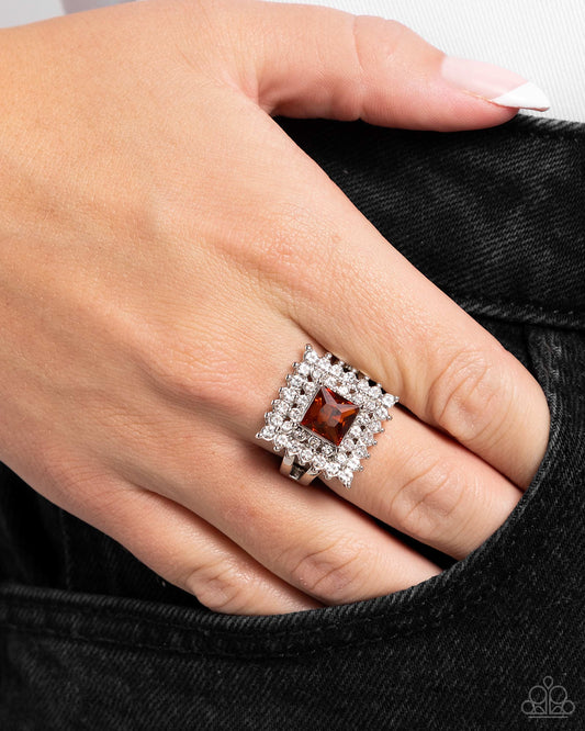 Sovereign Square - Brown Tea Gem White Rhinestone Ring Paparazzi R0912