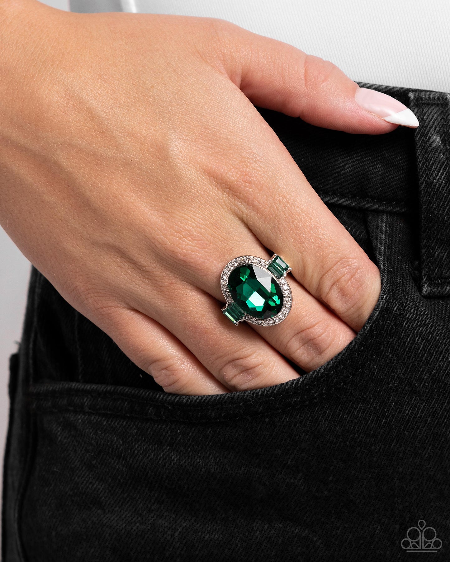 Stubborn Shimmer - Green Emerald Gem & White Rhinestone Ring Paparazzi R0906