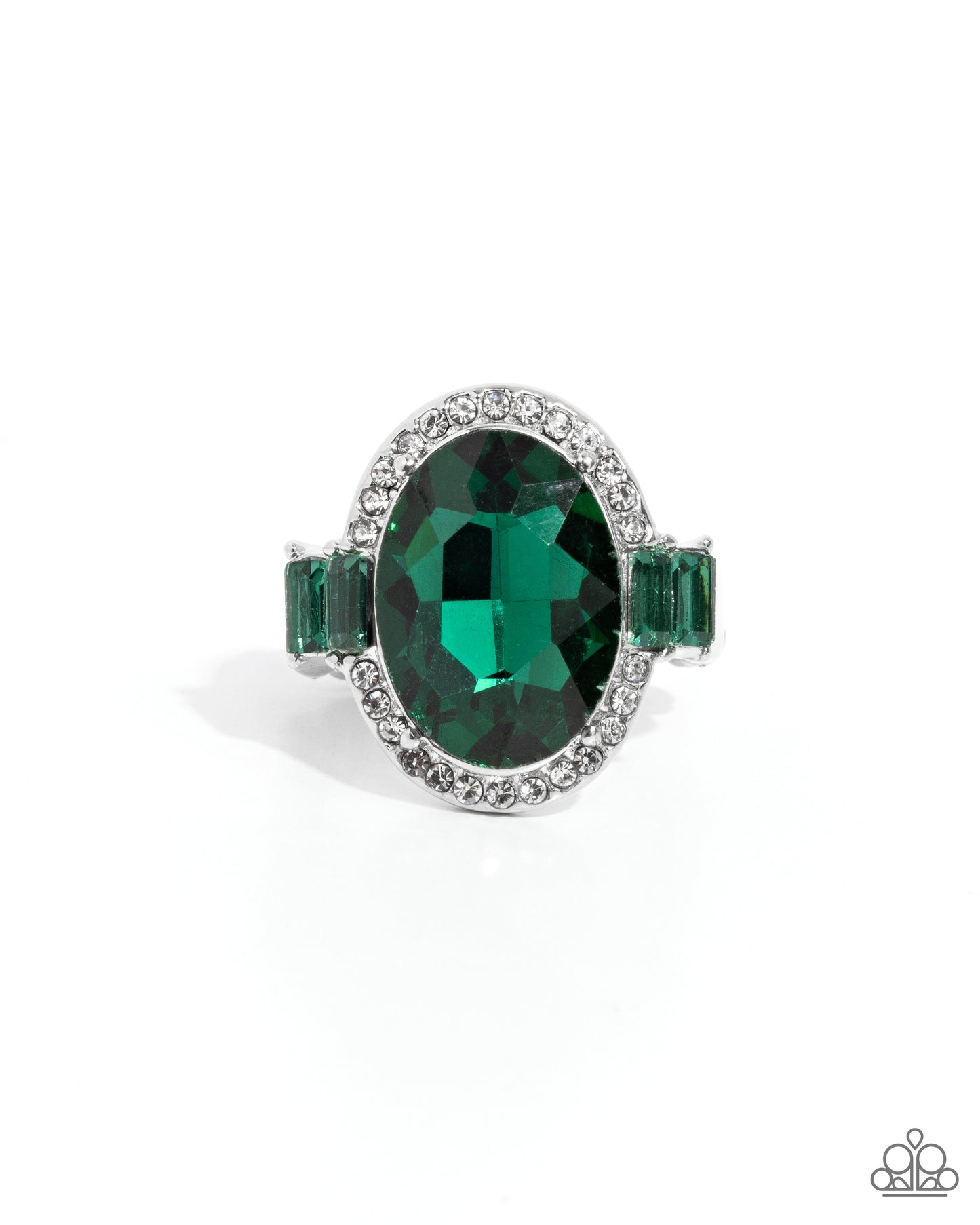 Stubborn Shimmer - Green Emerald Gem & White Rhinestone Ring Paparazzi R0906