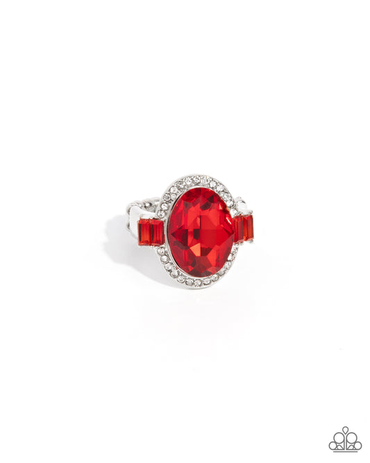 Stubborn Shimmer - Red Oversize Gem & White Rhinestone Ring Paparazzi R0903