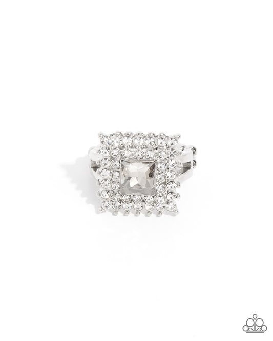 Sovereign Square - Silver Square Frame & White Rhinestone Ring Paparazzi R0880