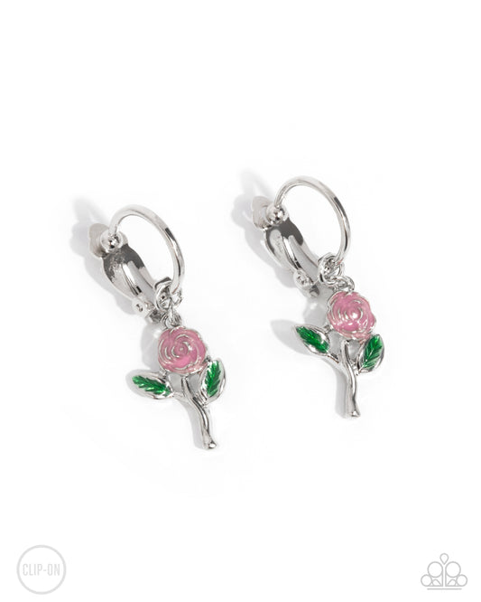Rose Routine - Pink - Light Pink & Green Painted Rose Clip-On Earring Paparazzi E2388