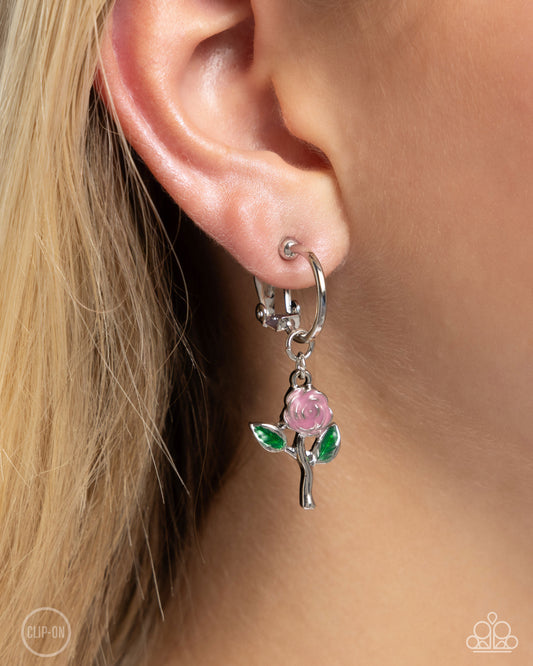 Rose Routine - Pink - Light Pink & Green Painted Rose Clip-On Earring Paparazzi E2388