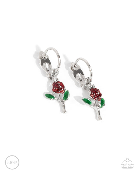 Rose Routine - Red & Green Painted Rose Clip-On Earring Paparazzi E2440