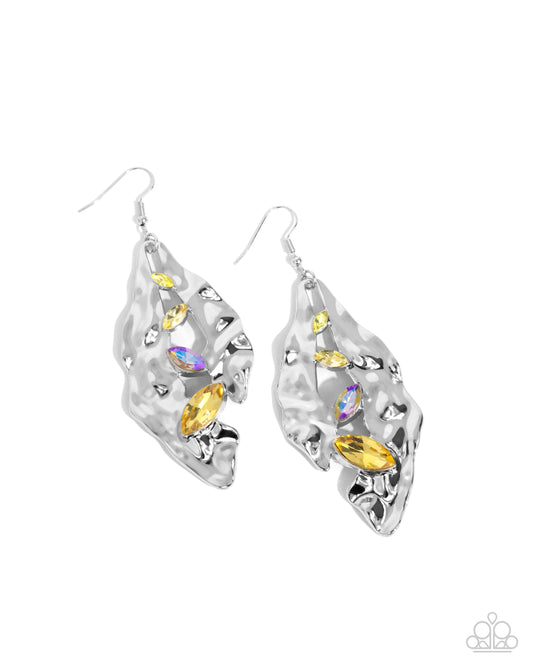 Hammered Hemisphere - Yellow Gem Silver Hammered Leaf Like Frame Earring Paparazzi E2744