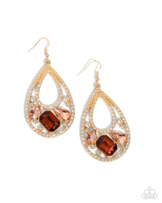 Teardrop Trifecta - Brown Topaz, Peach & White Rhinestone Gold Earring Paparazzi E2632