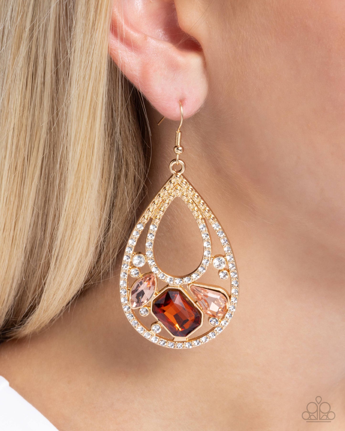 Teardrop Trifecta - Brown Topaz, Peach & White Rhinestone Gold Earring Paparazzi