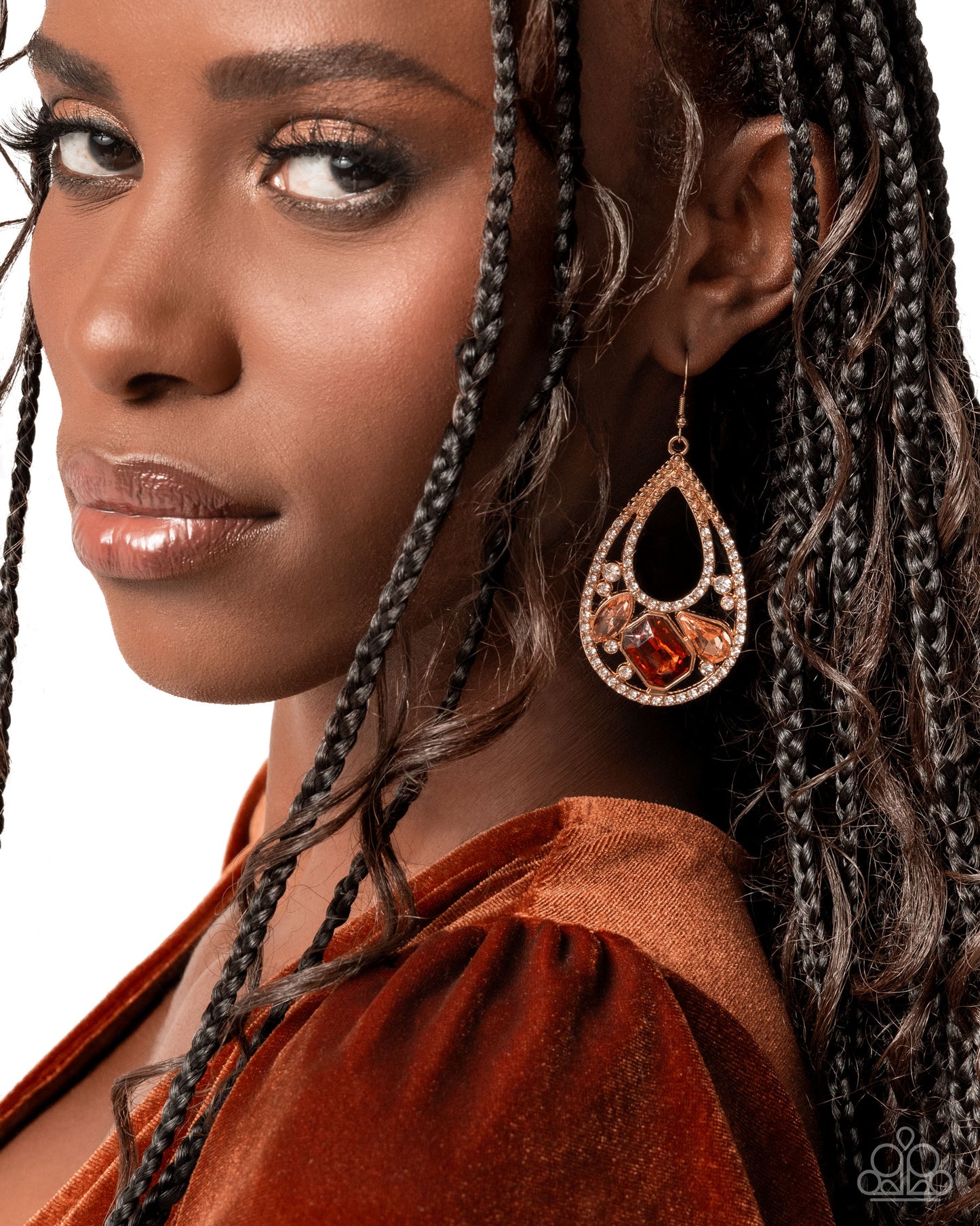 Teardrop Trifecta - Brown Topaz, Peach & White Rhinestone Gold Earring Paparazzi