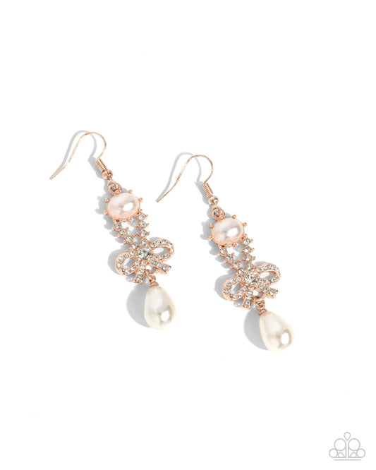Paparazzi Alluring Advocate - Rose Gold, White Pearl & Rhinestone Bow Earring E3067