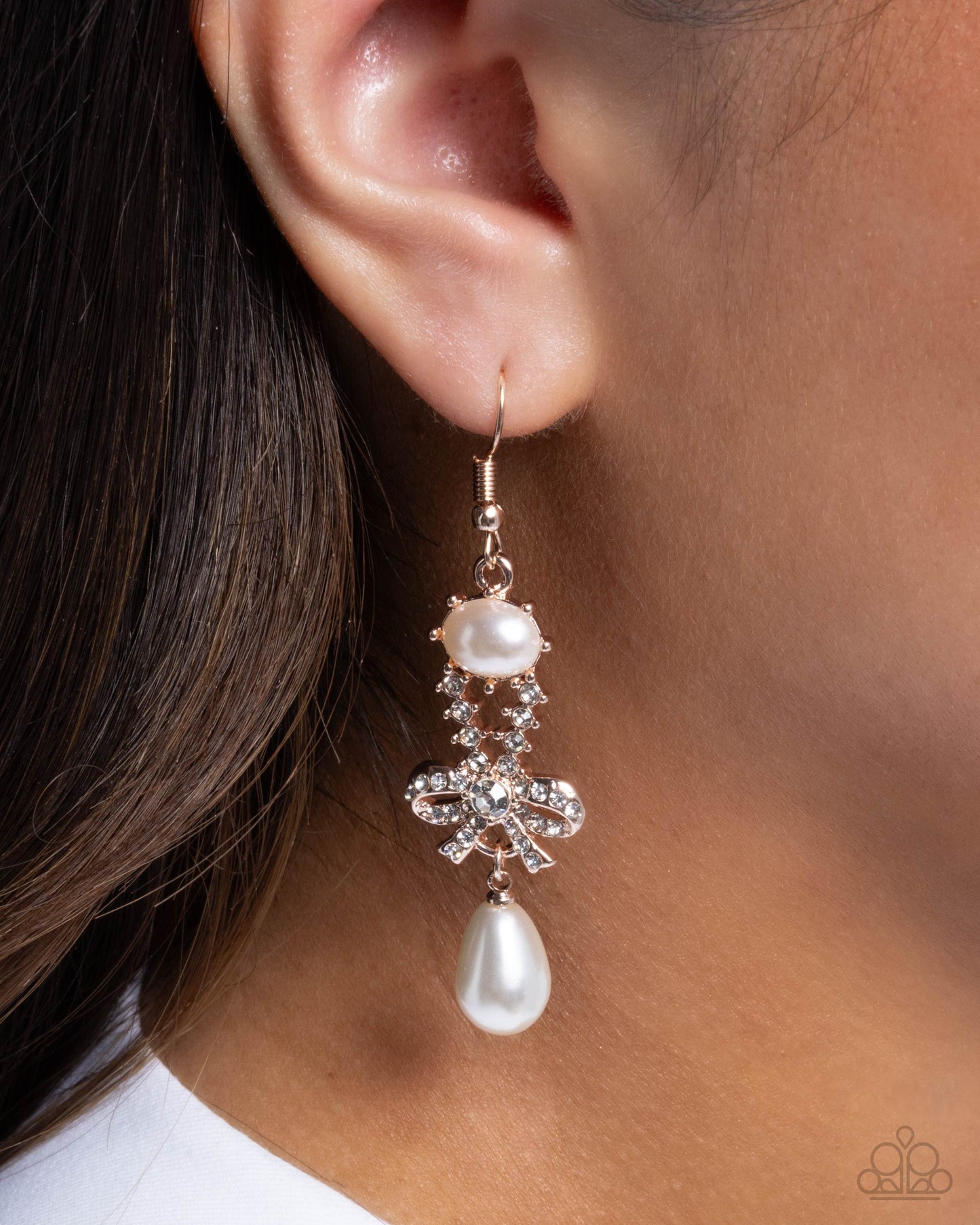 Alluring Advocate - Rose Gold, White Pearl & Rhinestone Bow Earring Paparazzi E3067