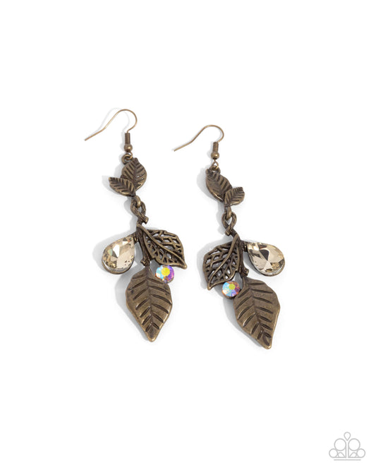 Descending Dazzle - Brass Filigree Leaf & Iridescent Light Topaz Rhinestone Earring Paparazzi E2447