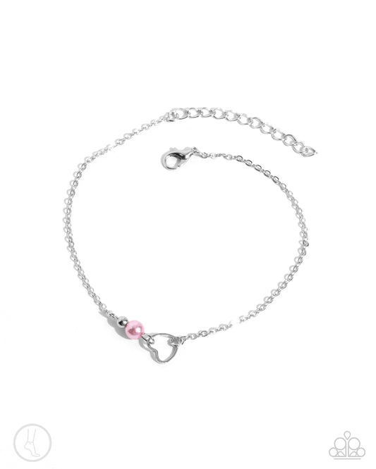 Affectionate Assertion - Pink - Baby Pink Pearl Silver Heart Anklet Paparazzi B1313