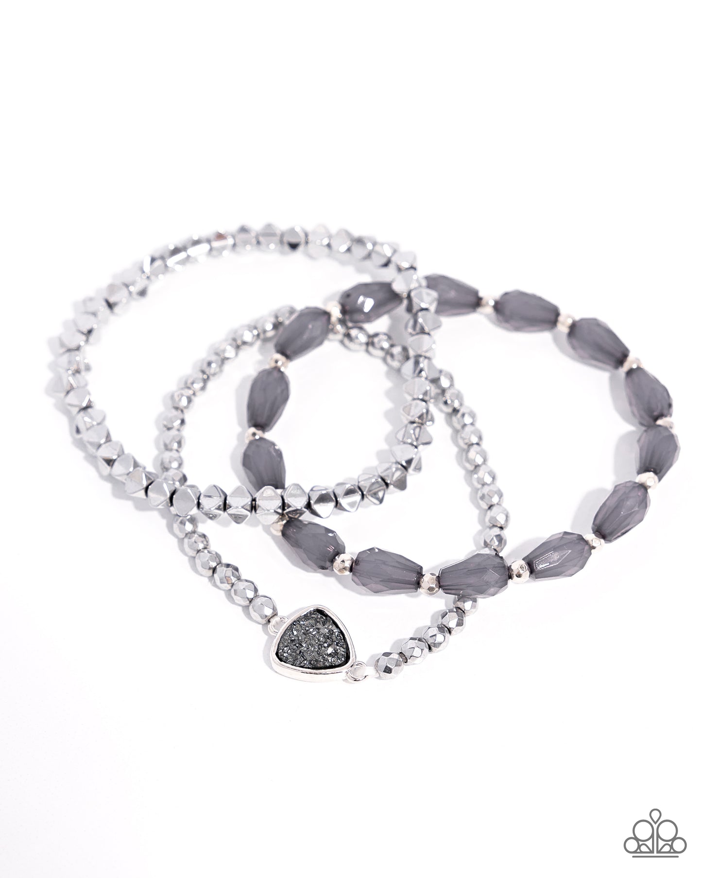 Druzy Decadence - Silver, Gray Gull, Druzy Hematite Stretch Bracelet Set Paparazzi B1934