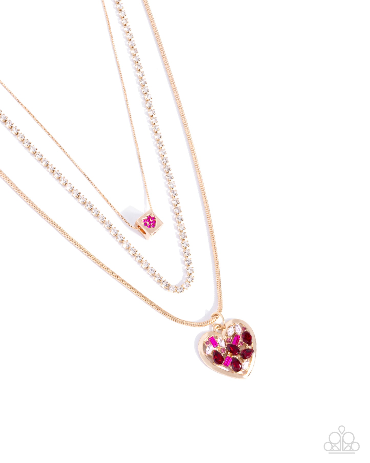 Seize the Sides - Gold Layered Chain & Fuchsia, Rose Rhinestone Heart Necklace Paparazzi