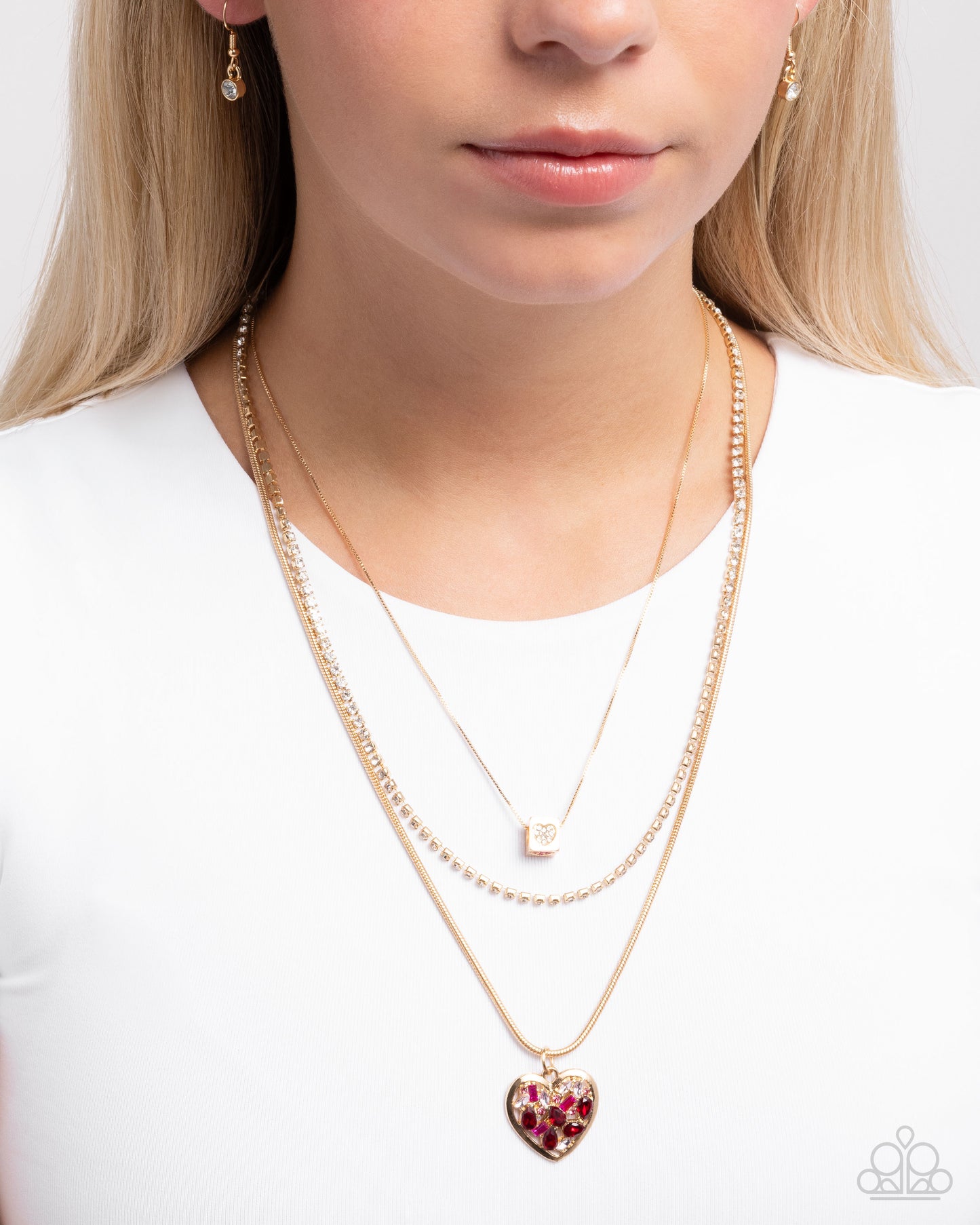 Seize the Sides - Gold Layered Chain & Fuchsia, Rose Rhinestone Heart Necklace Paparazzi